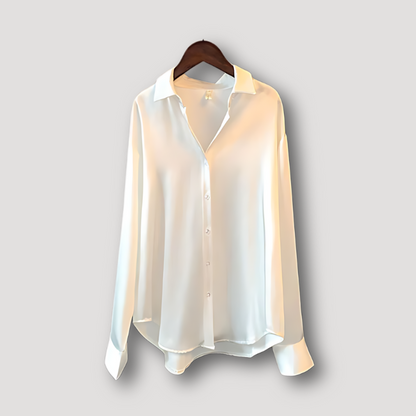 Vloeiende Drape Lange Mouw Satijn Silk Kraag Blouse