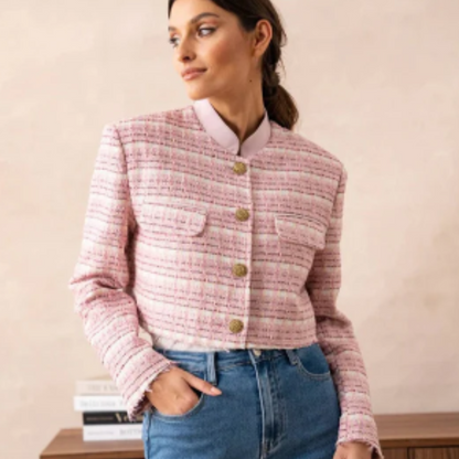 Roze Cropped Tweed Jasje Blazer Voor Dames