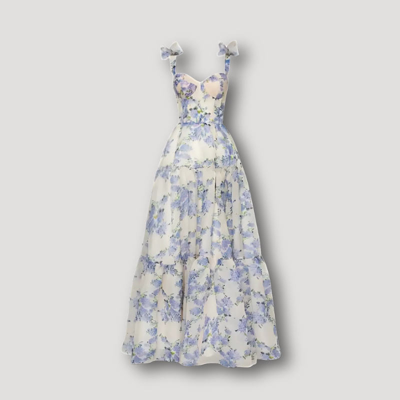 Vintage Stijl Blauw en Wit Bloemen Maxi Dress Dames