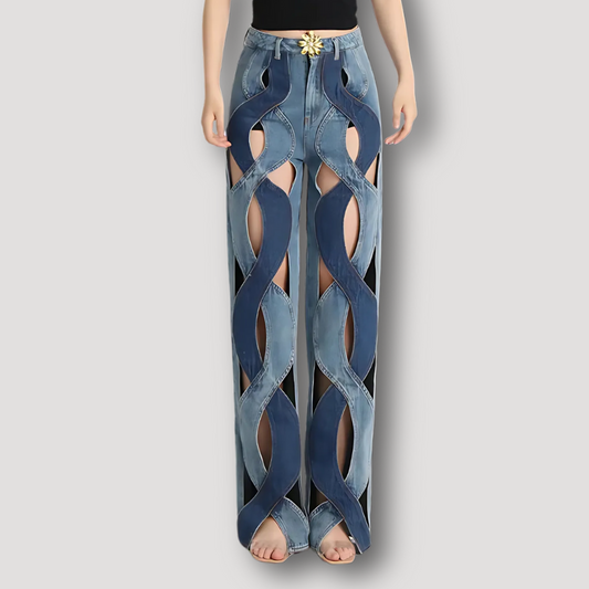 Curvy Cutouts High Rise Zweifarbig Blauw Denim Jeans