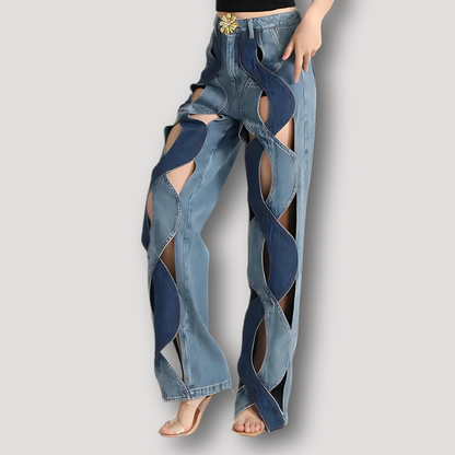 Curvy Cutouts High Rise Zweifarbig Blauw Denim Jeans