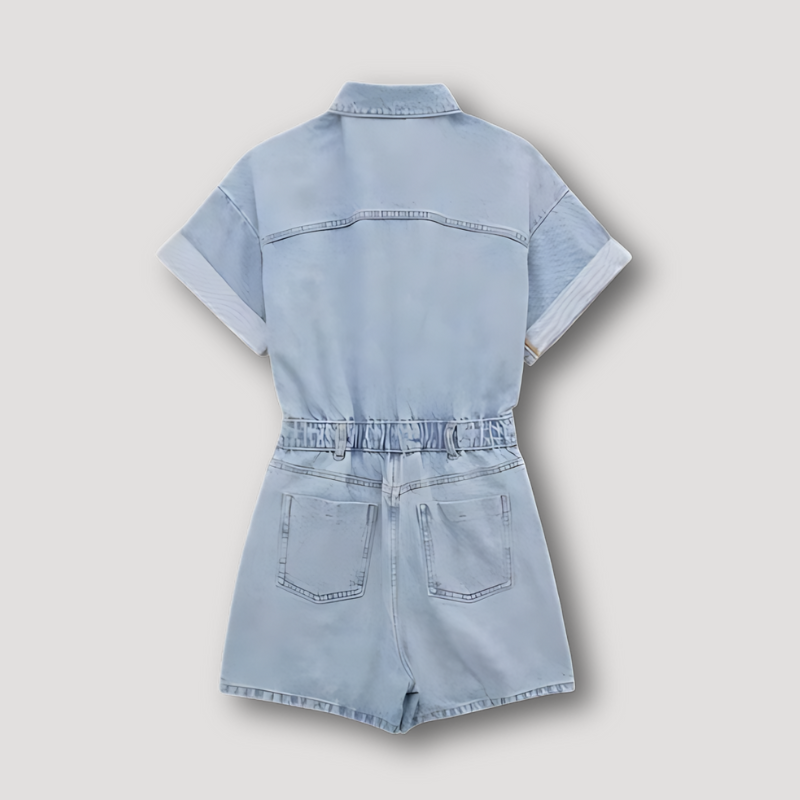 Korte Mouw Zacht Denim Shirt Top Button Up Romper Jumpsuit