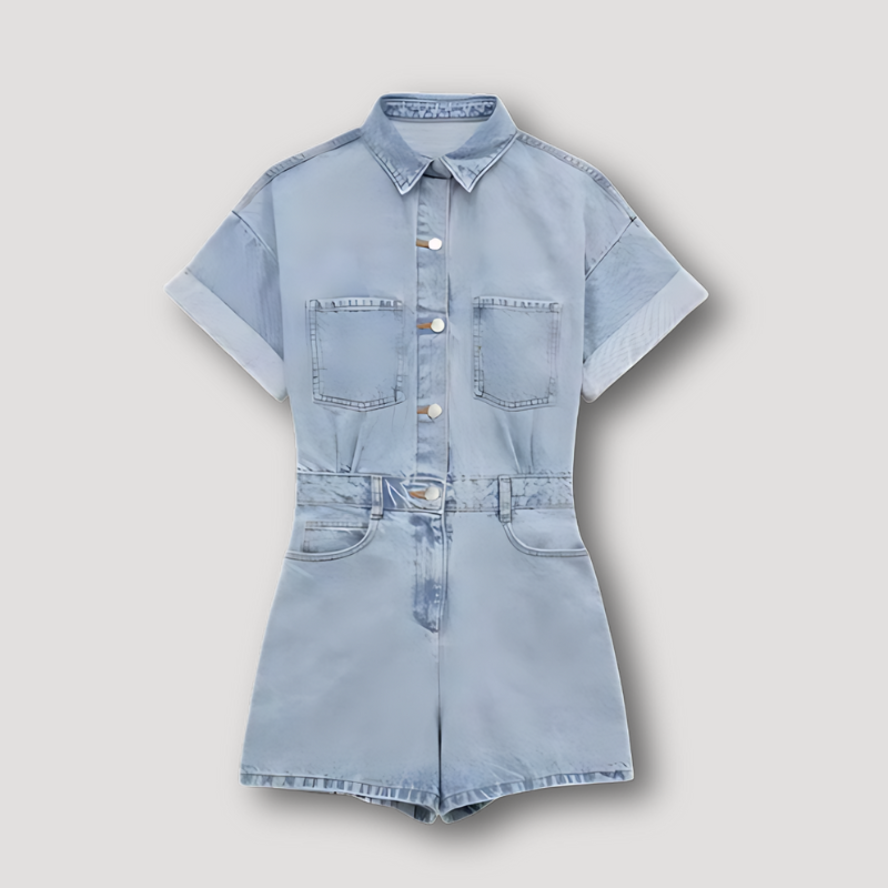 Korte Mouw Zacht Denim Shirt Top Button Up Romper Jumpsuit