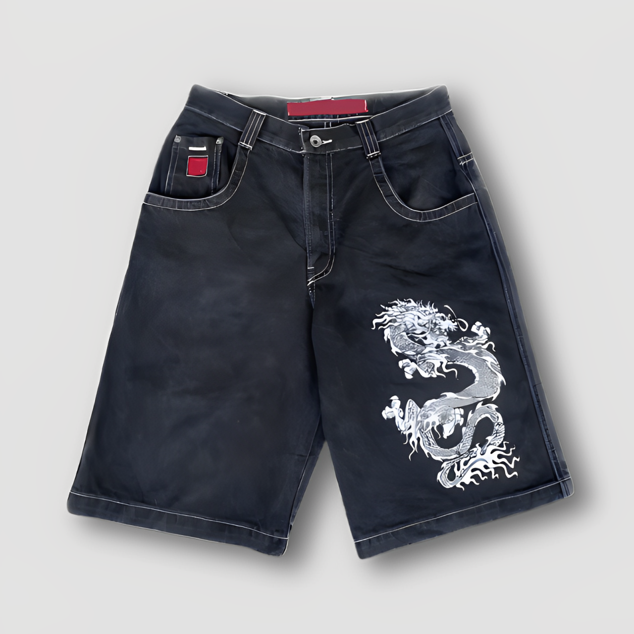 Zwart Loose Denim Shorts Witte Draak Grafisch