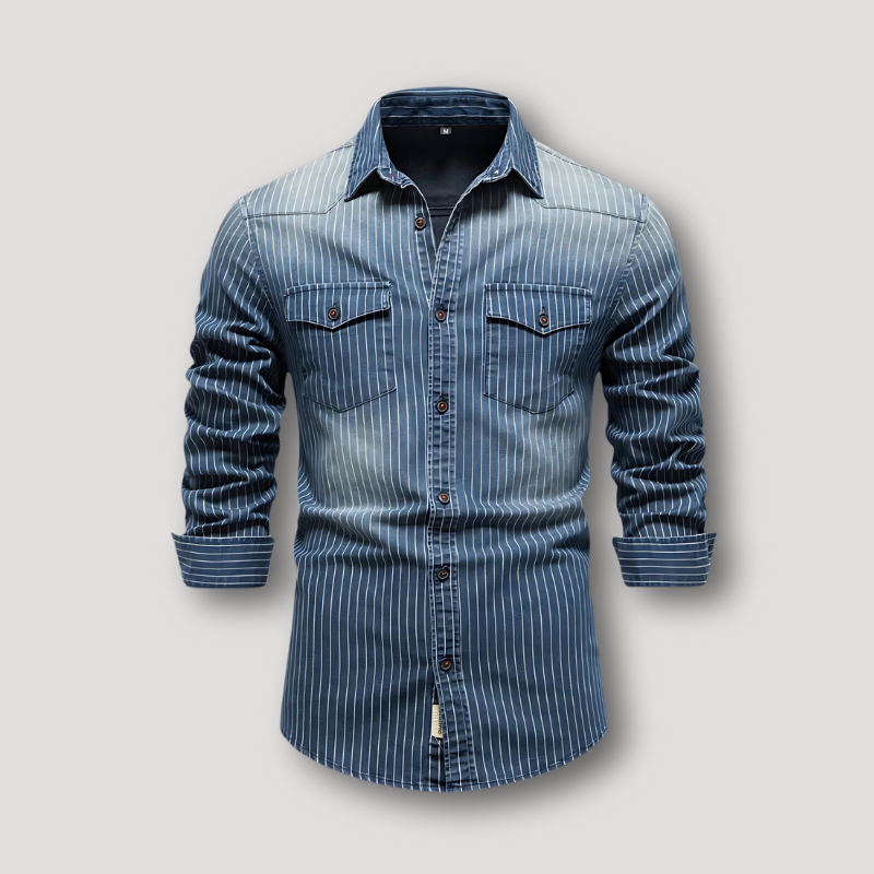 Lange Mouw Button Up Streep Patroon Denim Kraag Shirt Mannen