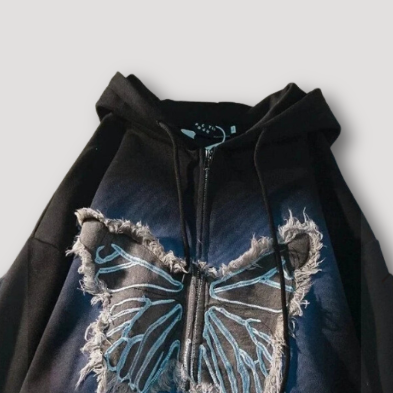 Denim Vlinder Patchwork Borduurwerk Zip Up Hoodie