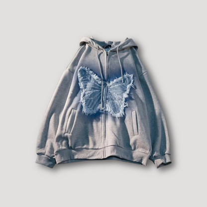 Denim Vlinder Patchwork Borduurwerk Zip Up Hoodie