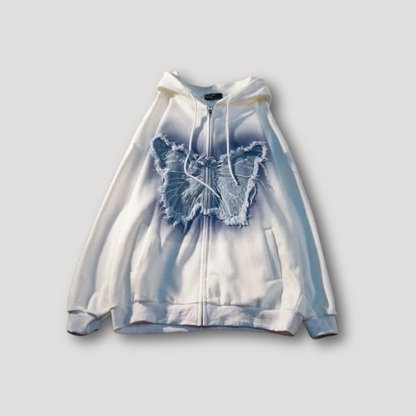 Denim Vlinder Patchwork Borduurwerk Zip Up Hoodie