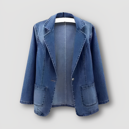 Lange Mouw Blauw Wassen Vintage Kapel Kraag Denim Blazer