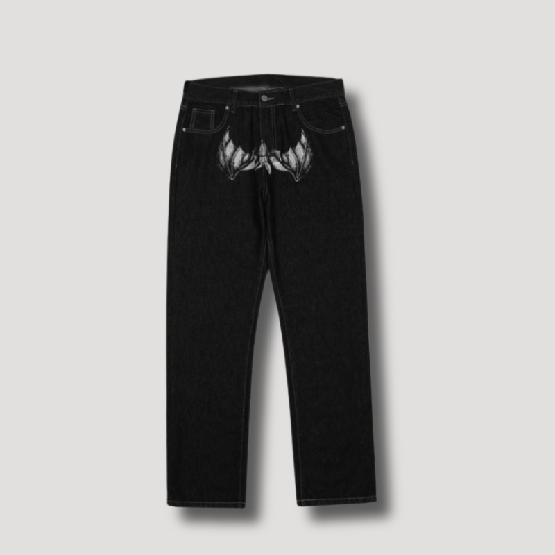 Y2K Bat Face Graphic Denim Jeans - Vintage streetwear voor mannen