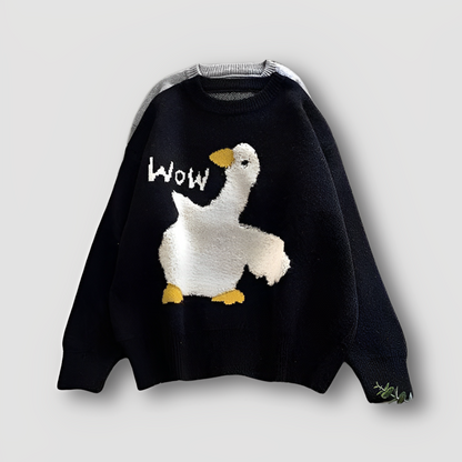 WOW Wit Gans Cartoon Grafisch Print Knitted Sweater