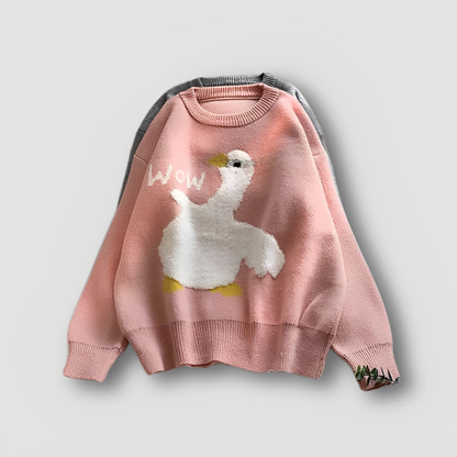 WOW Wit Gans Cartoon Grafisch Print Knitted Sweater