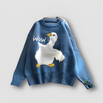 WOW Wit Gans Cartoon Grafisch Print Knitted Sweater