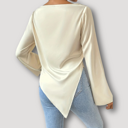 Cowl Neckline Satin Asymmetrisch Lange Mouw Blouse Dames