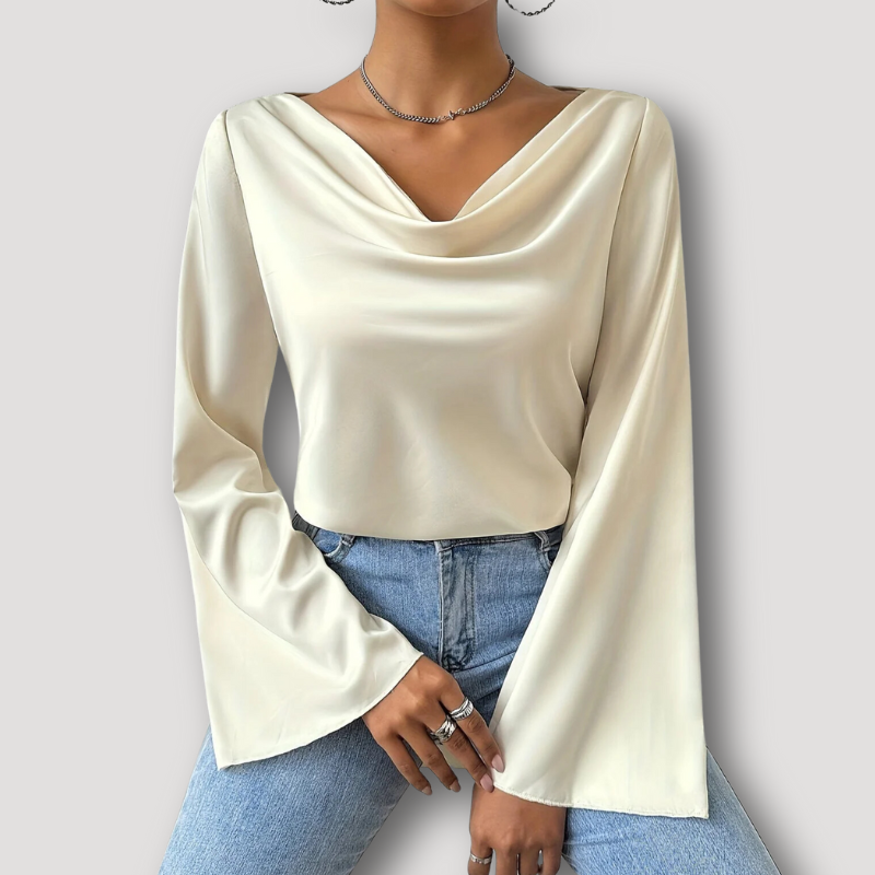 Cowl Neckline Satin Asymmetrisch Lange Mouw Blouse Dames