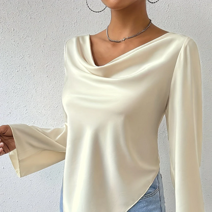 Cowl Neckline Satin Asymmetrisch Lange Mouw Blouse Dames