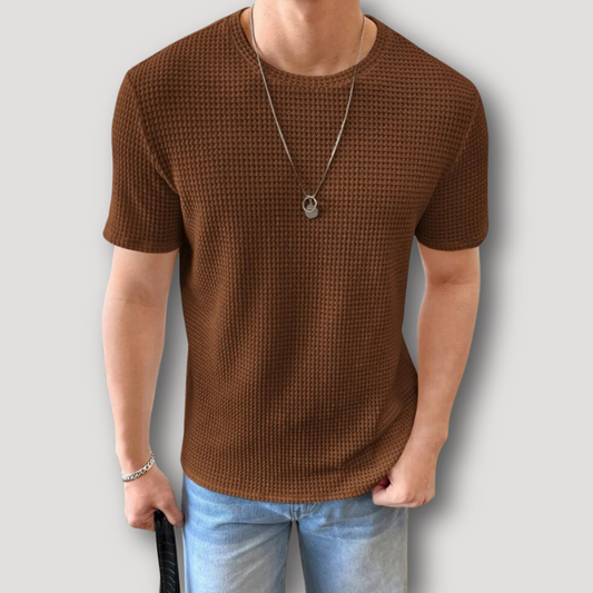 Bruin Wafel Knit Zomer Crew Neck T Shirt Mannen