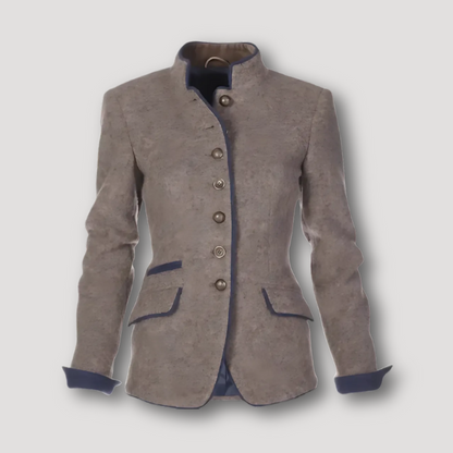 Paars Accent Stand Kraag Getailleerde Bruin Blazer Voor Dames