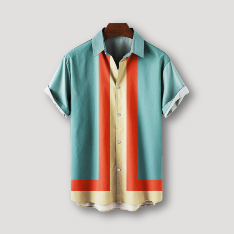 Retro Style Geometrishc Streep Korte Mouw Collar Shirt Mannen