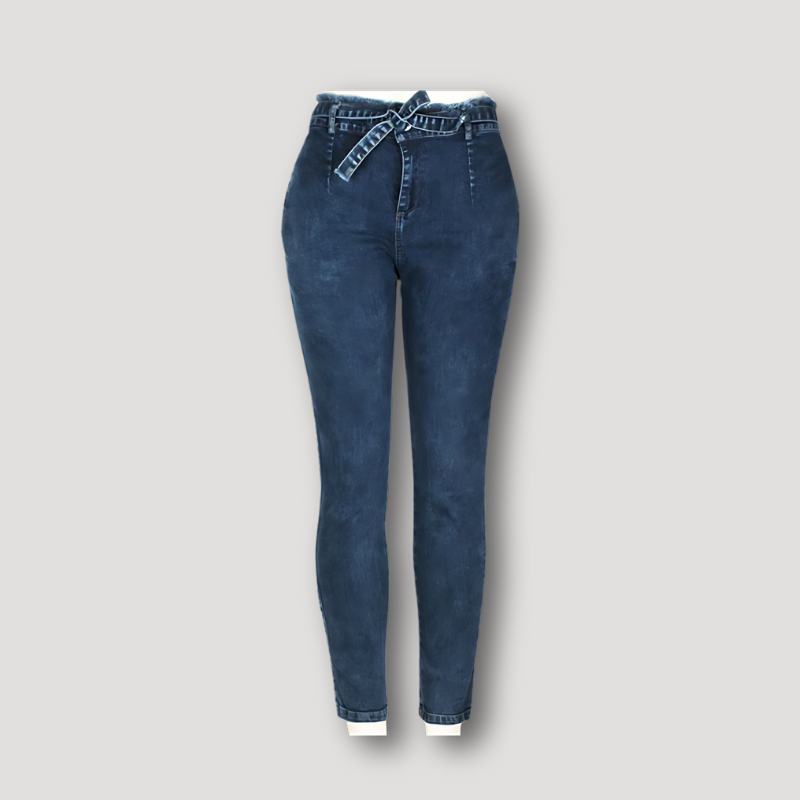 High-waisted Ruffled Trekkoord Tie Taille Denim Jeans