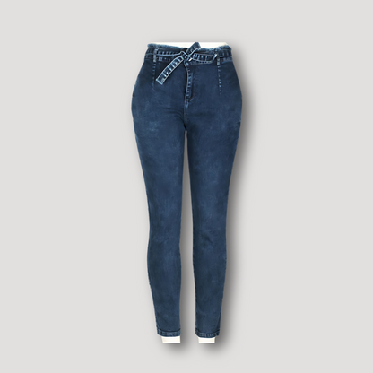 High-waisted Ruffled Trekkoord Tie Taille Denim Jeans