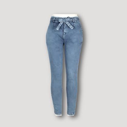 High-waisted Ruffled Trekkoord Tie Taille Denim Jeans