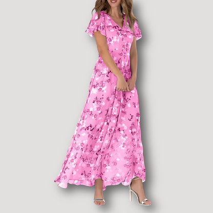 Vloeiende Bloemen Lichtgewicht Ruches Mouwen Maxi Dress Zomer