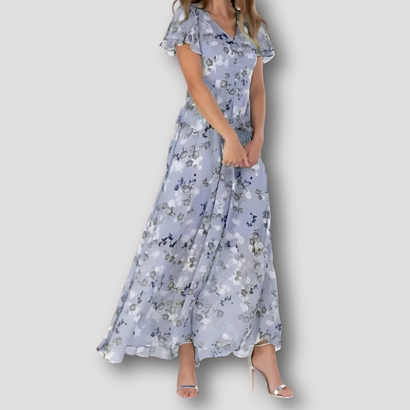 Vloeiende Bloemen Lichtgewicht Ruches Mouwen Maxi Dress Zomer