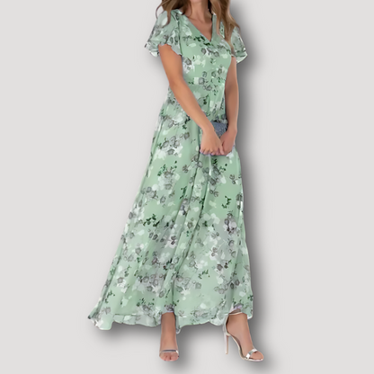 Vloeiende Bloemen Lichtgewicht Ruches Mouwen Maxi Dress Zomer