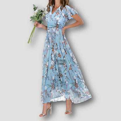 Vloeiende Bloemen Lichtgewicht Ruches Mouwen Maxi Dress Zomer