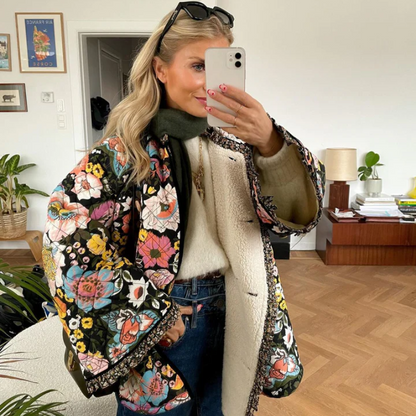 Kleurrijke Bloemenprint Bohemien Oversized Gewatteerd Jas