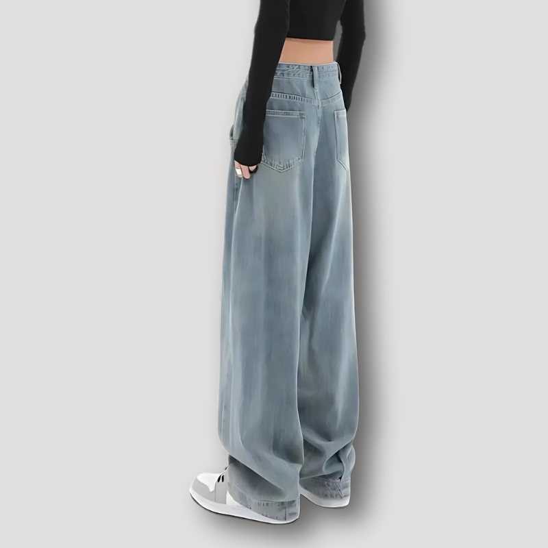 High Rise Baggy Wide Leg Voornaad Lichtblauw Washed Denim Jeans