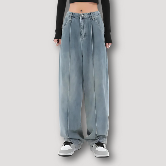 High Rise Baggy Wide Leg Voornaad Lichtblauw Washed Denim Jeans