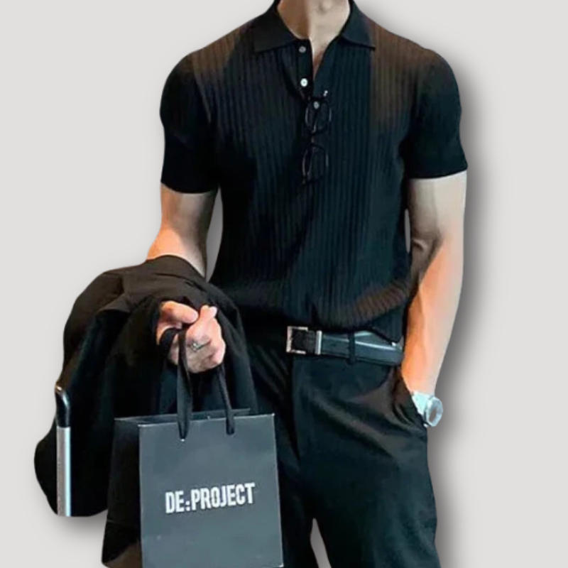 Ribgebreide Omgeslagen Kraag Button Up Polo Shirt Mannen