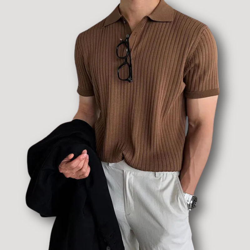 Ribgebreide Omgeslagen Kraag Button Up Polo Shirt Mannen