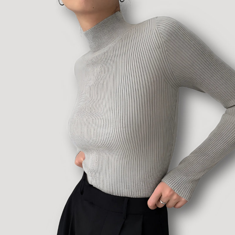 Stand Up Kraag Minimalistische Ribtricot Getailleerd Lange Mouw Top