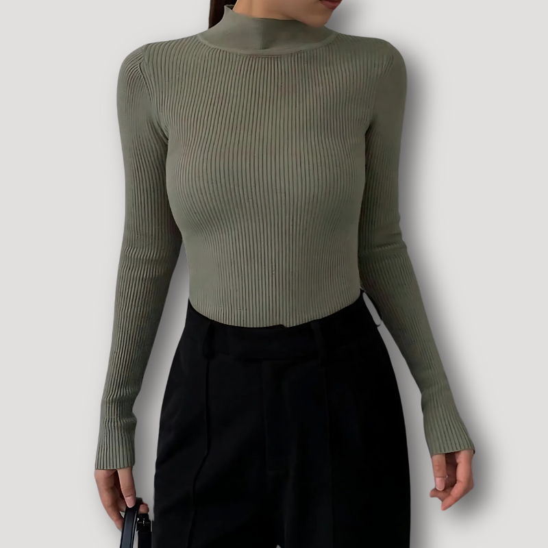 Stand Up Kraag Minimalistische Ribtricot Getailleerd Lange Mouw Top