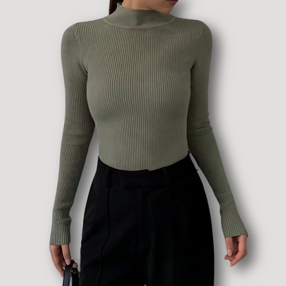 Stand Up Kraag Minimalistische Ribtricot Getailleerd Lange Mouw Top