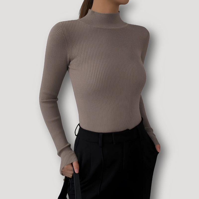 Stand Up Kraag Minimalistische Ribtricot Getailleerd Lange Mouw Top