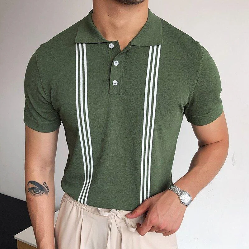 Gebreid Wit Gestreept Groen Polo Shirt Heren