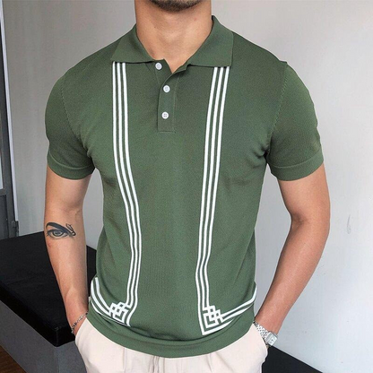 Gebreid Wit Gestreept Groen Polo Shirt Heren