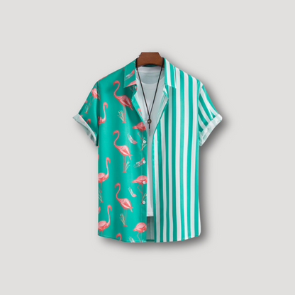 Flamingo Streep Asymmetrisch Ontwerp Kraag Shirt Mannen