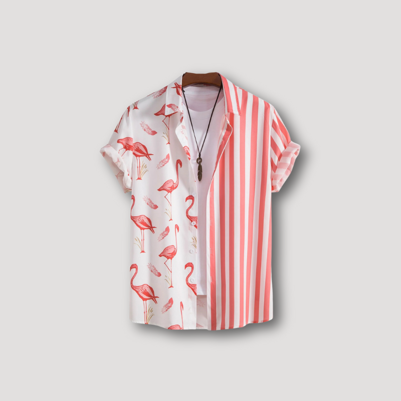 Flamingo Streep Asymmetrisch Ontwerp Kraag Shirt Mannen