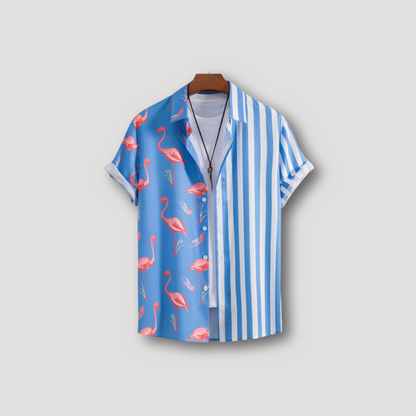 Flamingo Streep Asymmetrisch Ontwerp Kraag Shirt Mannen