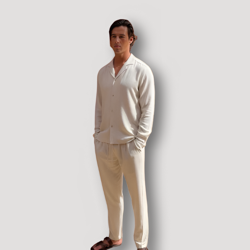 Lange Mouw Lapel Polo Shirt Linnen Broek Zomer Outfit Set