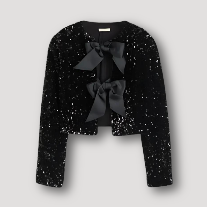 Zwart Bow Lange Mouw Glitterend Lovertje Sweater