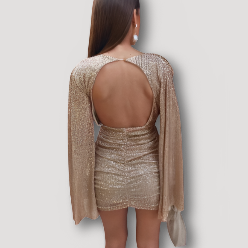 Glinsterend Sequins Lange Mouw Form Fitting Mini Cape Jurk