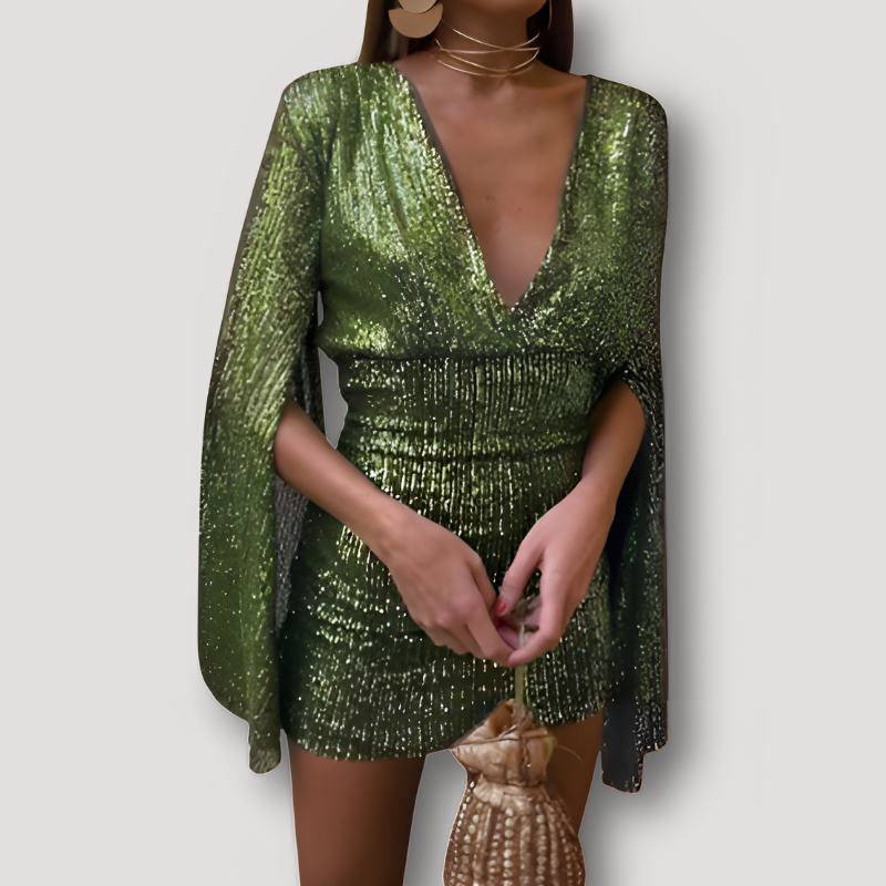 Glinsterend Sequins Lange Mouw Form Fitting Mini Cape Jurk