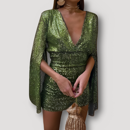 Glinsterend Sequins Lange Mouw Form Fitting Mini Cape Jurk