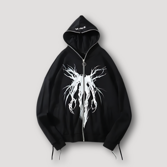 Ethereal Gothic Abstract Skelet Zwart Oversized Zip Up Hoodie